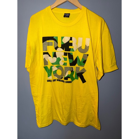 FUBU Other - FUBU New York Graphic T-Shirt Mens Yellow Camo Logo Short Sleeve Cotton Tee